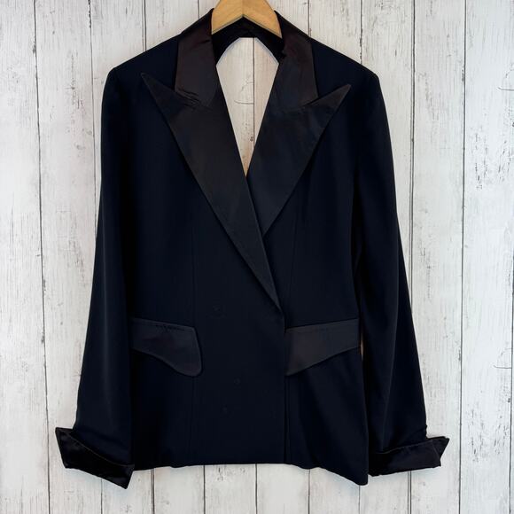 Cache Jackets & Blazers - VTG Cache Black Satin Lapel Backless Tuxedo Jacket Blazer Top Size Medium